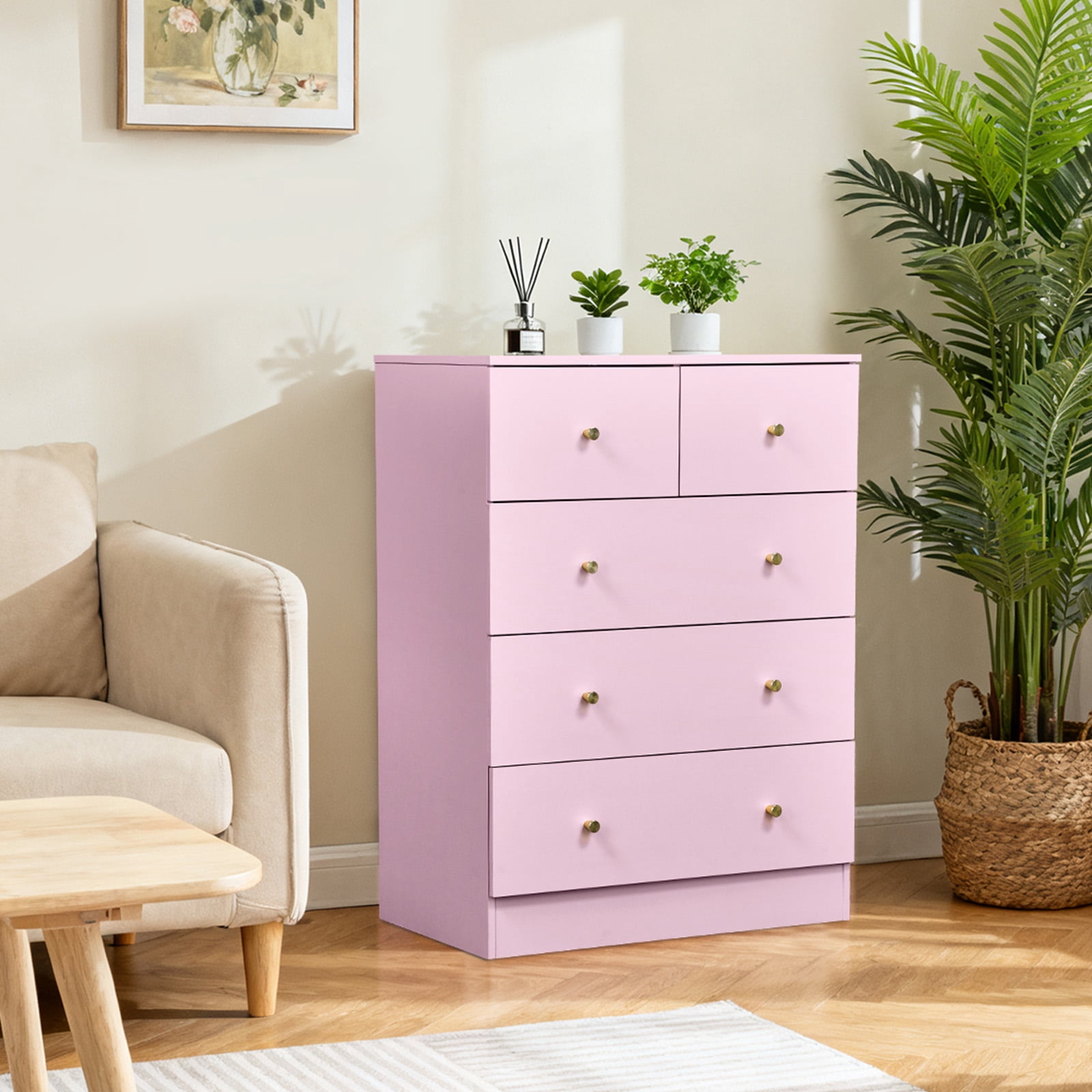 4-Tier 5-Drawer Cabinet Drawer Dresser with Gold Handles Macaron Pink, 25.98"*15.75"*35.83"
