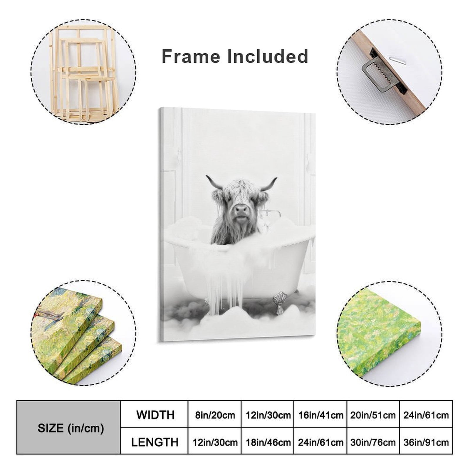 Funny Bathroom Framed Wall Art Black and White Animal Canvas Wall Art Prints Highland Cow In Bathtub Pictures Wall Decor Modern Minimalist Humorous Artwork For Restroom