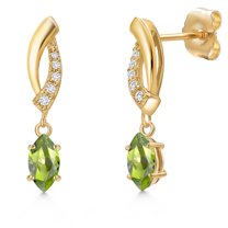 Gem Stone King 14K Yellow Gold Green Peridot and Lab Grown Diamond Dangle Earrings for Women | 0.55 Cttw | Gemstone August Birthstone | Marquise 6X3MM
