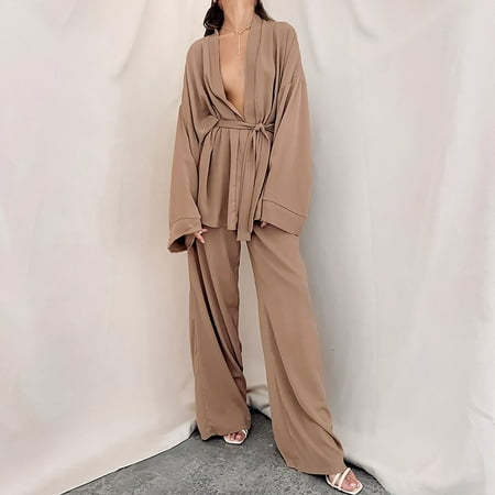 

Aueoe Long Sleeve Nightgowns For Women Sleep Shirts For Women Fashion Chiffon Long Sleeved Pajama Loose Trousers Two-Piece French Solid Color Women s Household Clothes Clearance