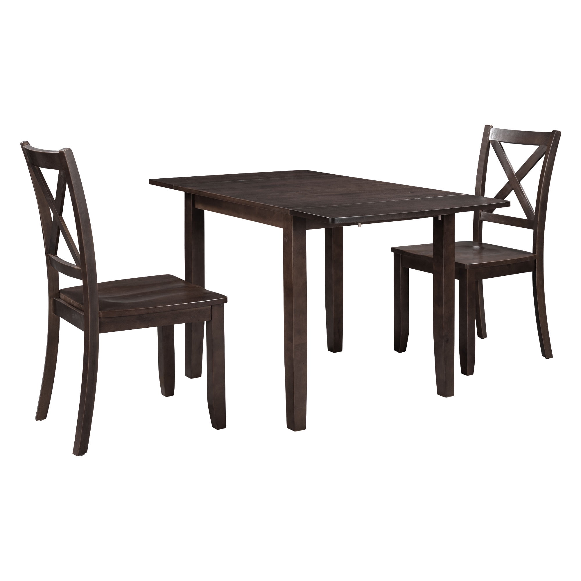 MAYEERTY 3-Piece Wood Drop Leaf Breakfast Nook Dining Table Set with 2 X-back Chairs for Small Spaces, Espresso