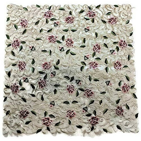 Doily Boutique Tablecloth or Table Topper Square Embroidered with Light Pink Cut Work Roses, Size 34 inches
