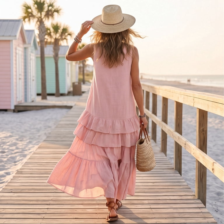 laqbezok Womens Tiered Layered Dress, Summer Tank Top Flowy Long Gown, Elegant Plain Color Cottagecore Loose Swing Dress for Vacation, S-2xl, Women's