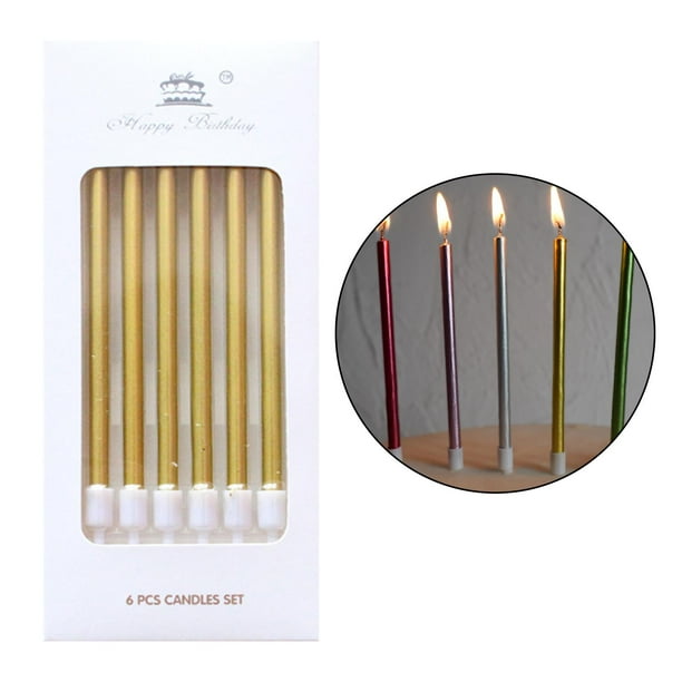 Paquete de 6 de cumpleaños en soportes, adornos altos para pasteles, y delgados para cumpleaños, bodas, fiestas, baby shower, decoracione dorado Soledad vela de pastel de cumpleaños