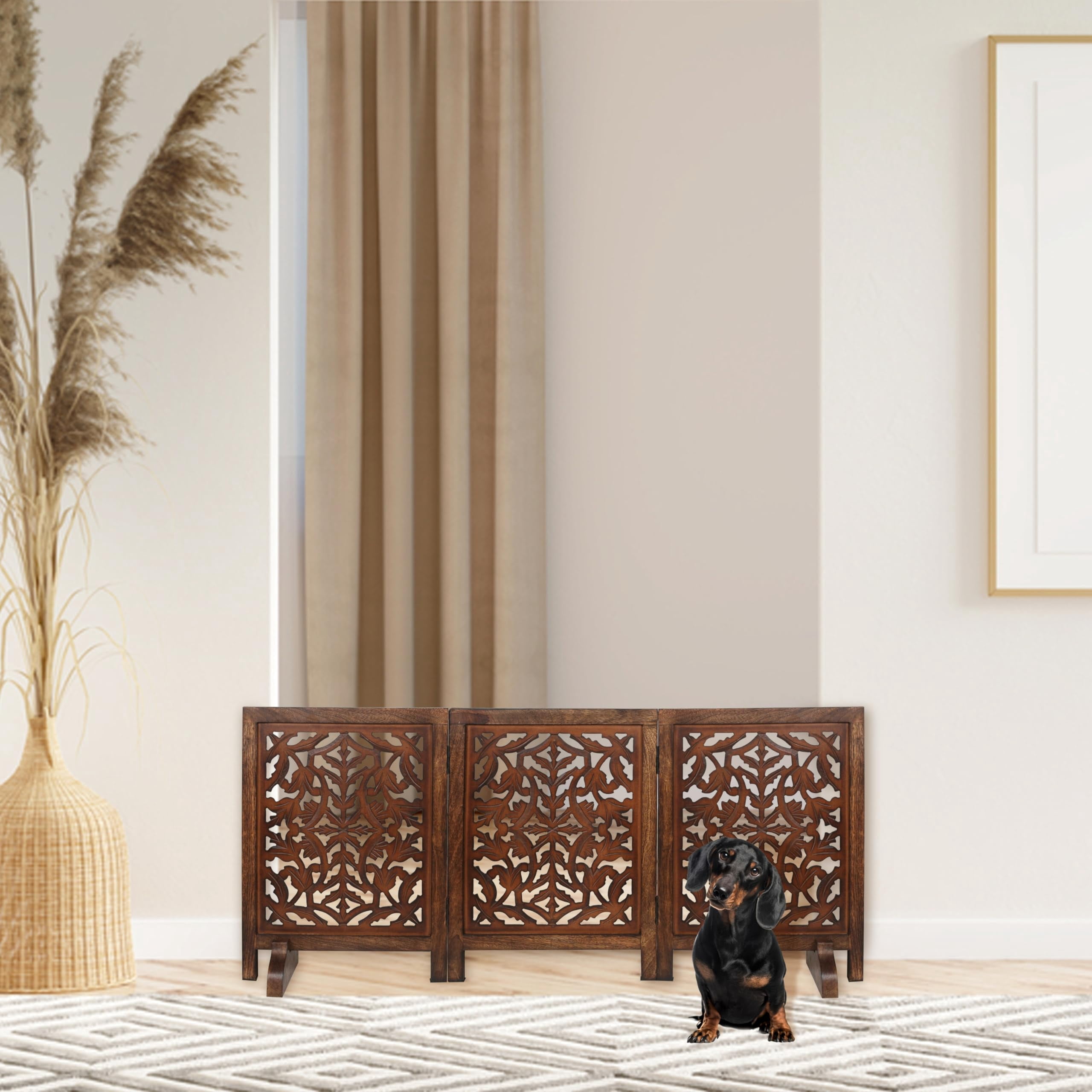 Free Standing Dog Gate – 3 Panel Foldable Wooden pet gate Indoor 54" W x 24" H, Hand-Carved Solid Wood & MDF, Portable Indoor Gate for Doorways, Halls, Stairs – Fully Assembled_Burnt Finish
