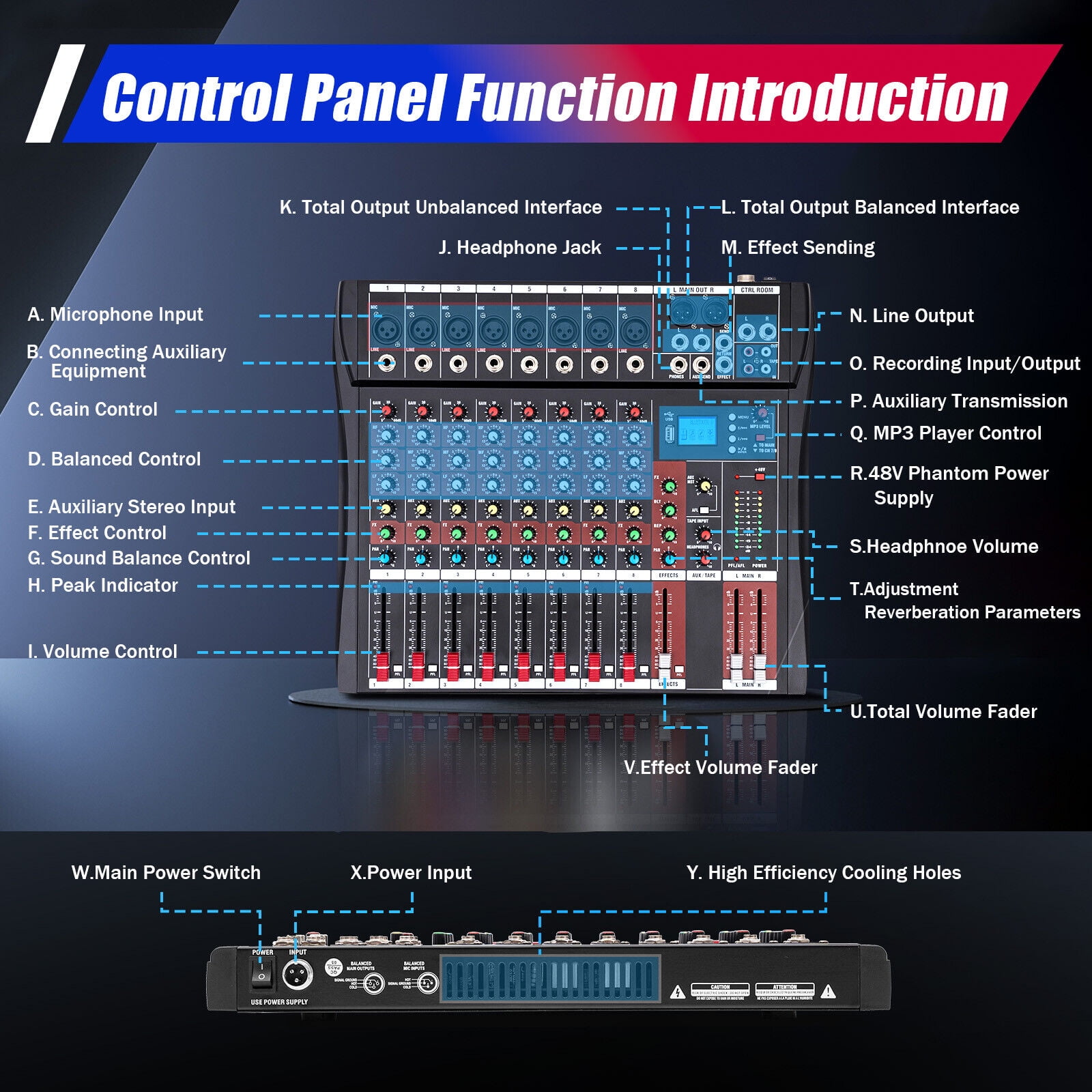 Audio Mixer Froket CT-8 Professional 8-Channel Audio Interface, DJ Console  with Bluetooth USB, Sound Mixing Console and Audio Console for Karaoke