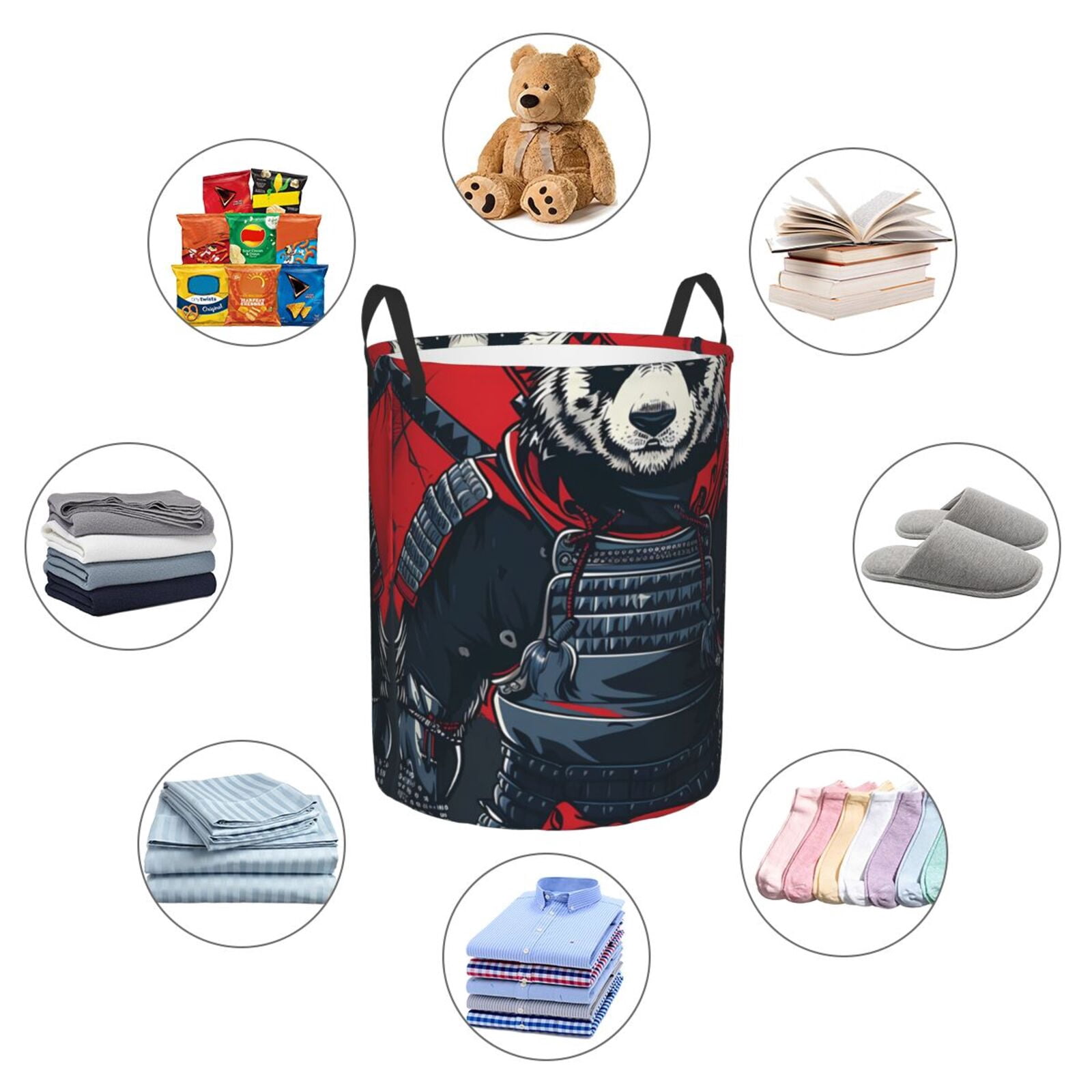 Fuzoiu Red Black Eastern Panda Warrior Print Circular Hamper,Laundry Basket with Handle,Collapsible Laundry,Dirty Clothes Storage Basket,for Bedroom Bathroom Dorm Living Room-Small