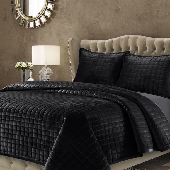 Juego de edredón Tribeca Living Luxury Velvet King Size, negro