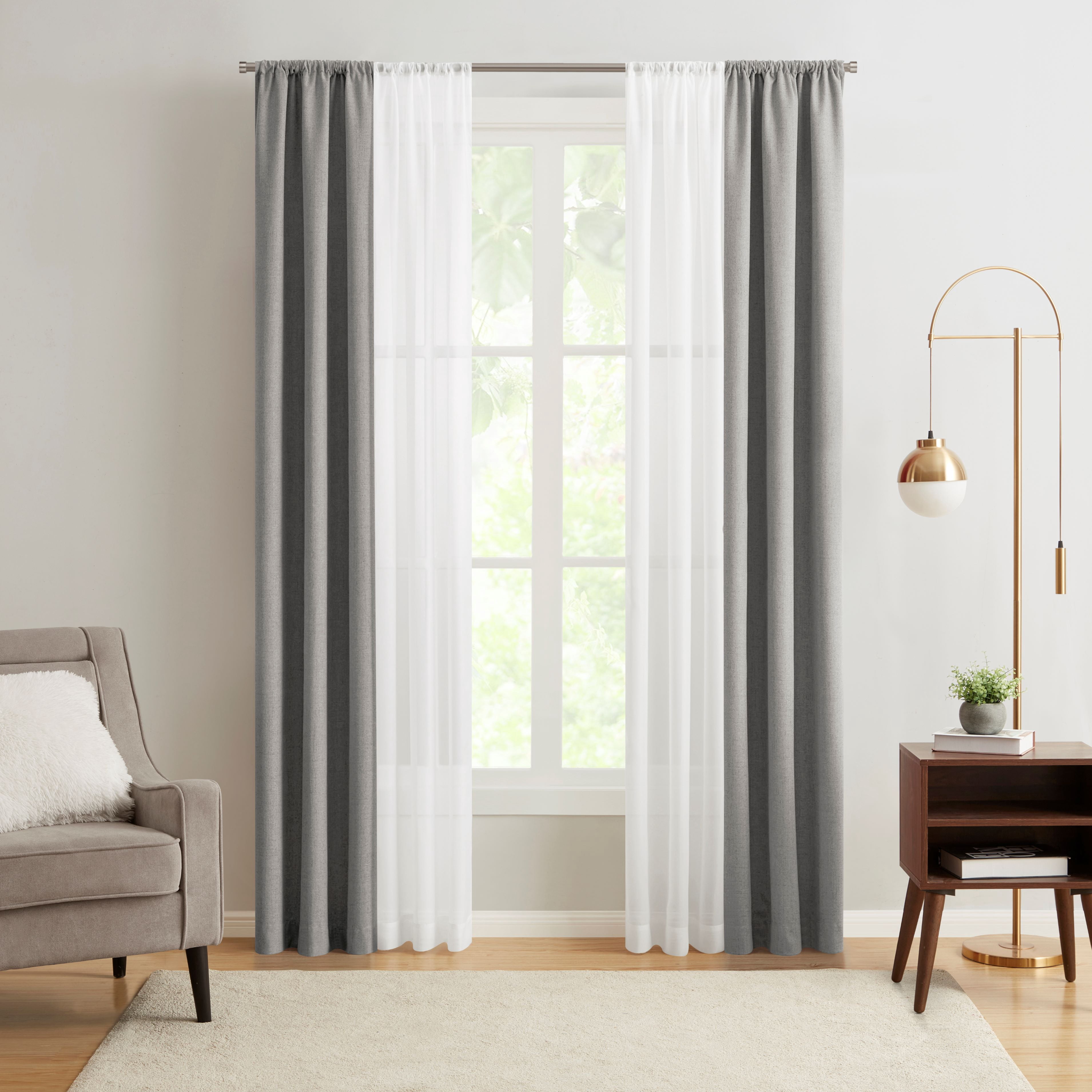 Mainstays Solid Twill Blackout Curtain Panel and Sheers, Set of 4, Soft Silver, 27.5" W x 95" L