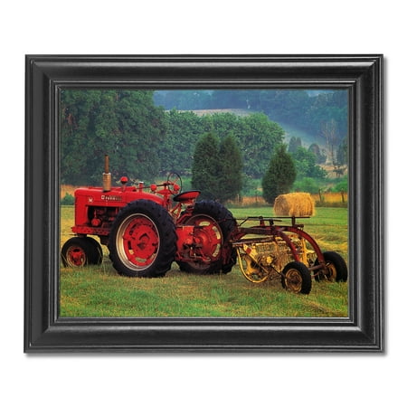 Large Frame Tractor - Old Farmall Model M Farm Tractor w/ Hay Rake Photo Wall Picture Black Framed