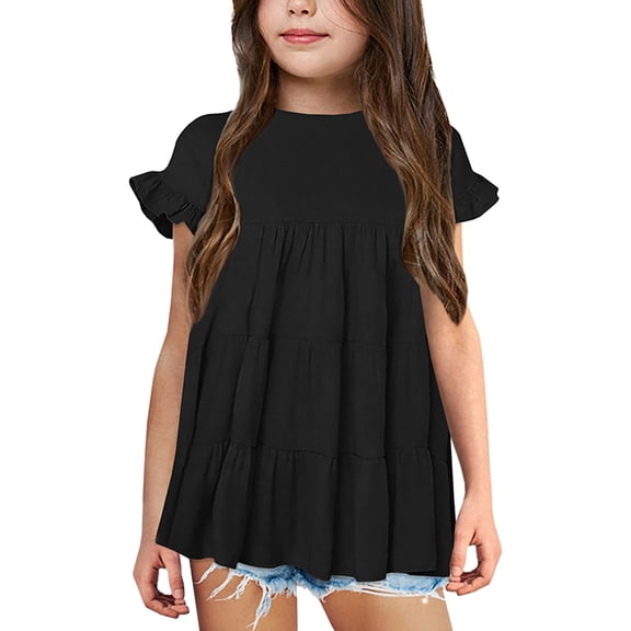 XQYLOS Boys And Girls Simple T-Shirt Toddler Girls T Shirts Ruffle Short Sleeve Round Neck Loose Blouse Summer Solid Color Casual Girl Tee Tops