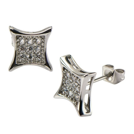 Hip Hop Diamond Earrings - Stainless Steel with Clear CZ Stones in Pave Set Square Kite Hip Hop Studs Earrings