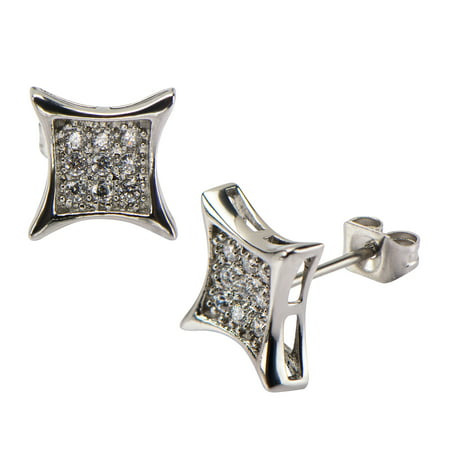 Body Art Stainless Steel with Clear CZ Stones in Pave Set Square Kite Hip Hop Studs Earrings