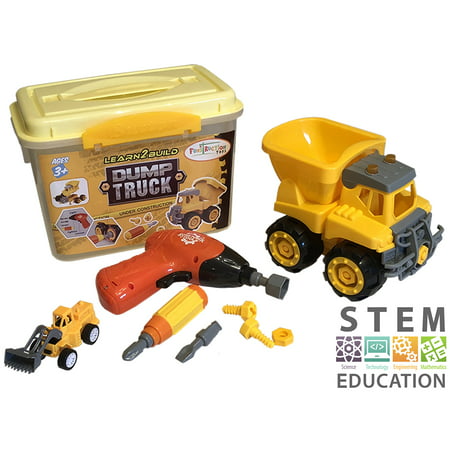 Take Apart Dump Truck Yellow Construction Toy 15 Piece Set. Perfect 4 Year Old Boy Gift. Includes Toy Screwdriver with Interchangeable Heads, Durable Carry Case, Easy to Assemble,