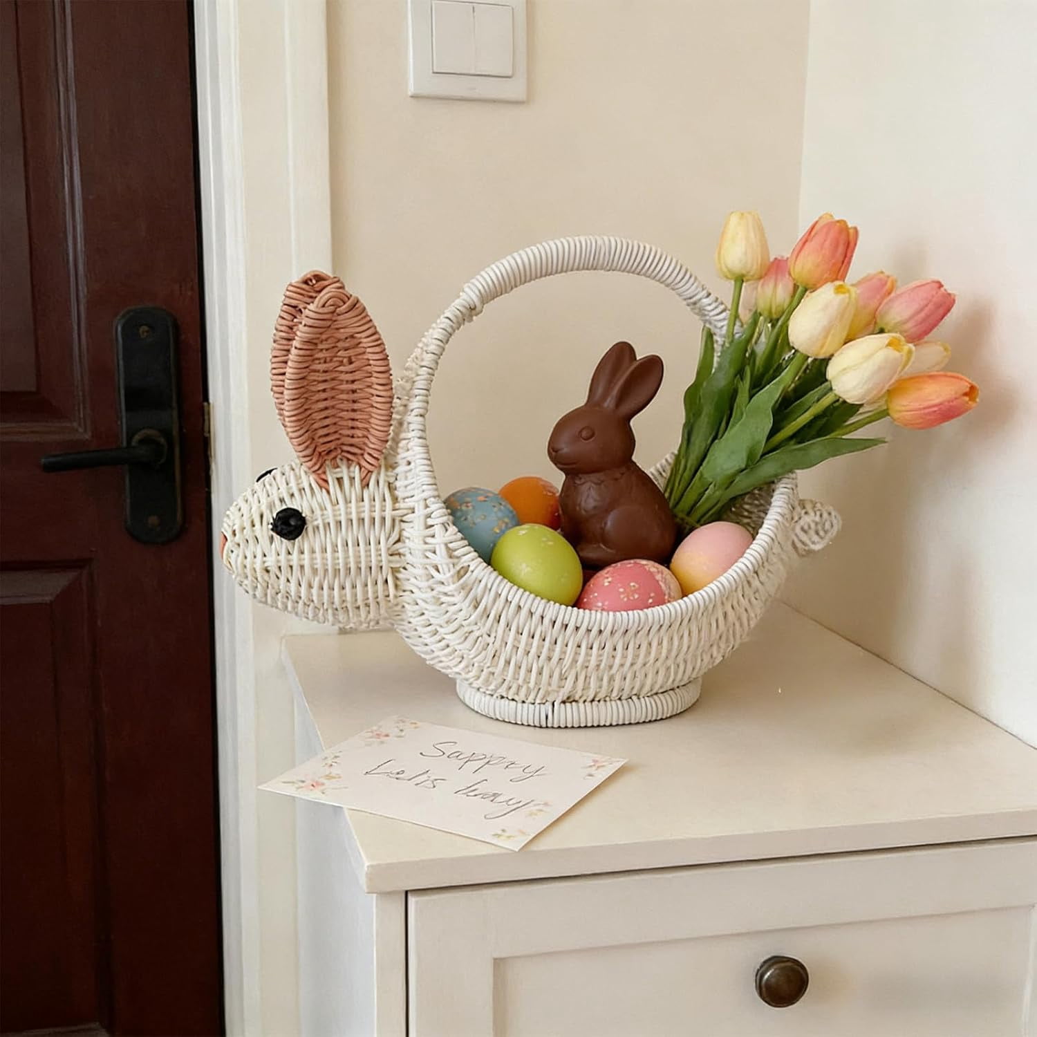 Easter Basket Rabbits-Shaped Gift Baskets With Handle Imitation Rattan Woven Easter Candy Eggs Small Flower Basket Storage Baskets Fruit Picking Picnic Basket Carrying Basket B