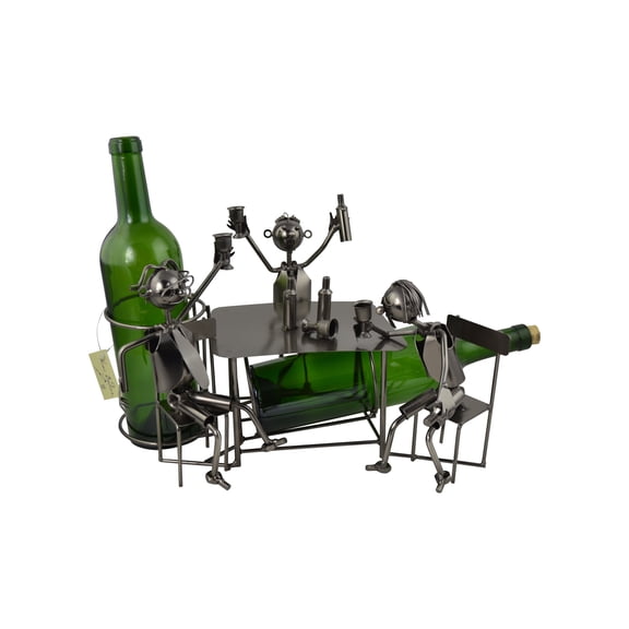 Wine Bottle Holder Wine Rack in Metal Featuring Men Drinking Holds 2 Bottles in Silver