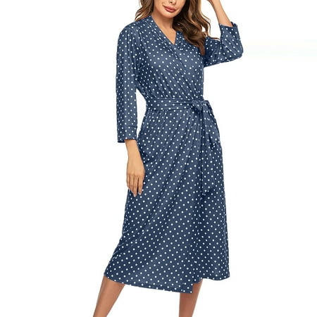 

FAFWYP Silk Stain Pajamas for Women Women s Summer FashionThree Quarter V-neck Polka Dot Mid-Calf Sleepwear+Belts Sleepwear Outfits