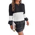 thumbnail image 2 of Women'S Autumn Winter Elegant Patchwork Lantern Sleeve Cable Knit Sweater Dress Black L, 2 of 9