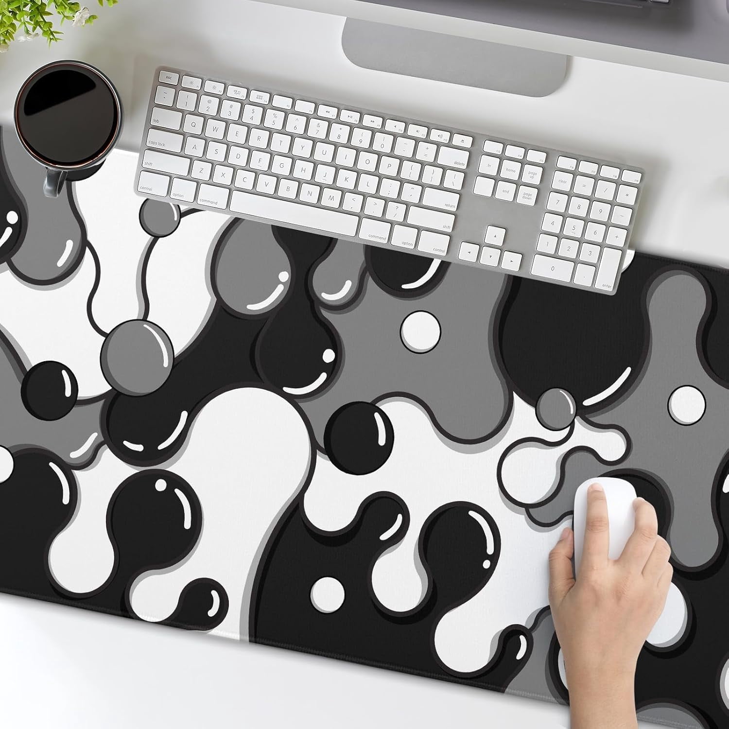 aportt Black White Grey Mouse Pad XXL Anime Cool Geometric Japanese Extended Desk Mat 90X40 CM Non-Slip Rubber Base Stitched Edge Large Mousepad for Gaming Laptop Computer Desktop 35.4×15.7 Inch
