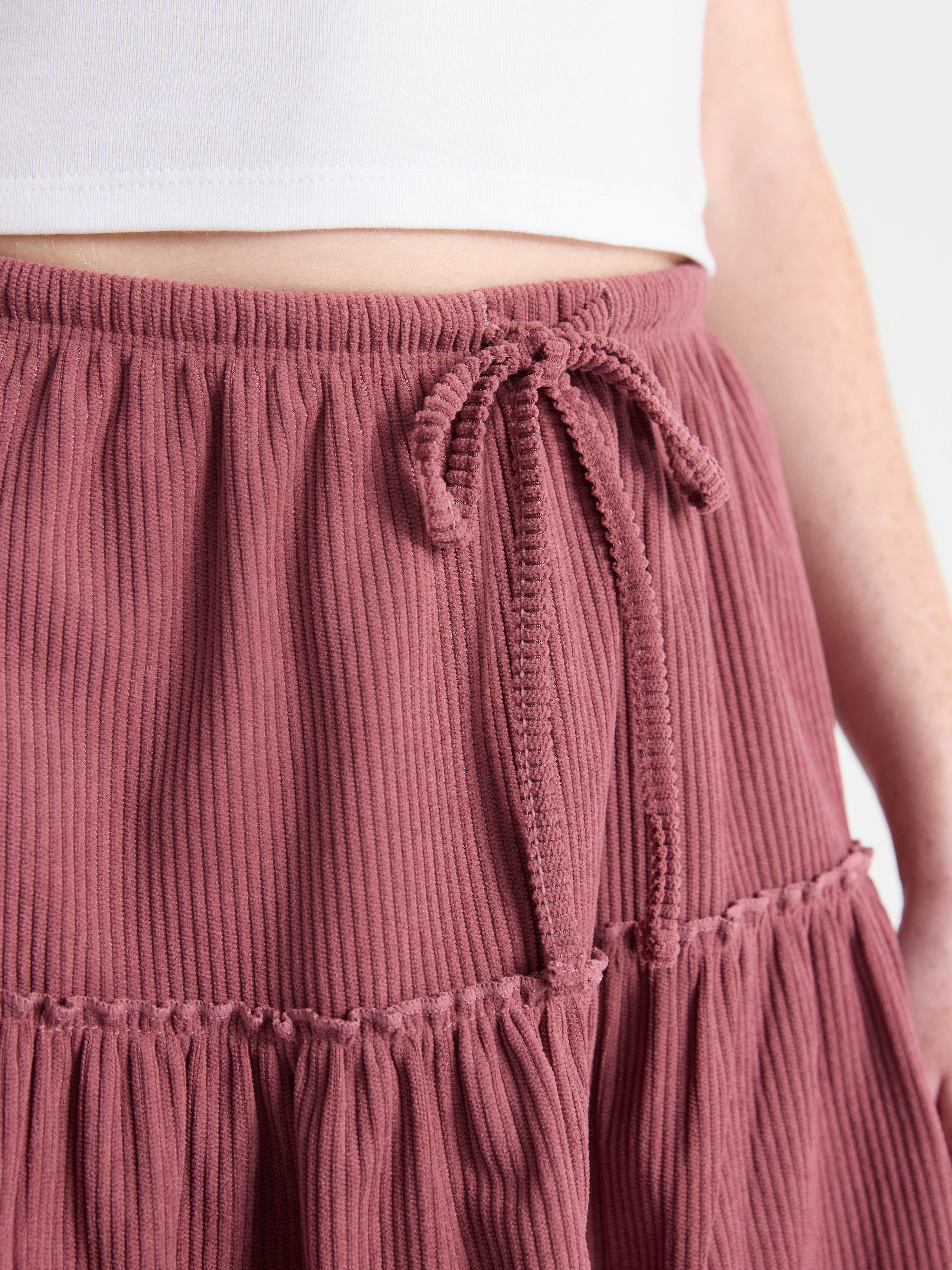 No Boundaries Drawcord Ruffle Mini Skirt with Lace Trim, Women's
