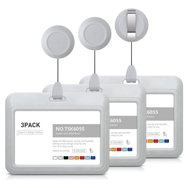 Retractable Badge Holders, Plastic Sliding ID Badge Holder With Retractable Badge Reel Clips, 3 Pack Horizontal Grey