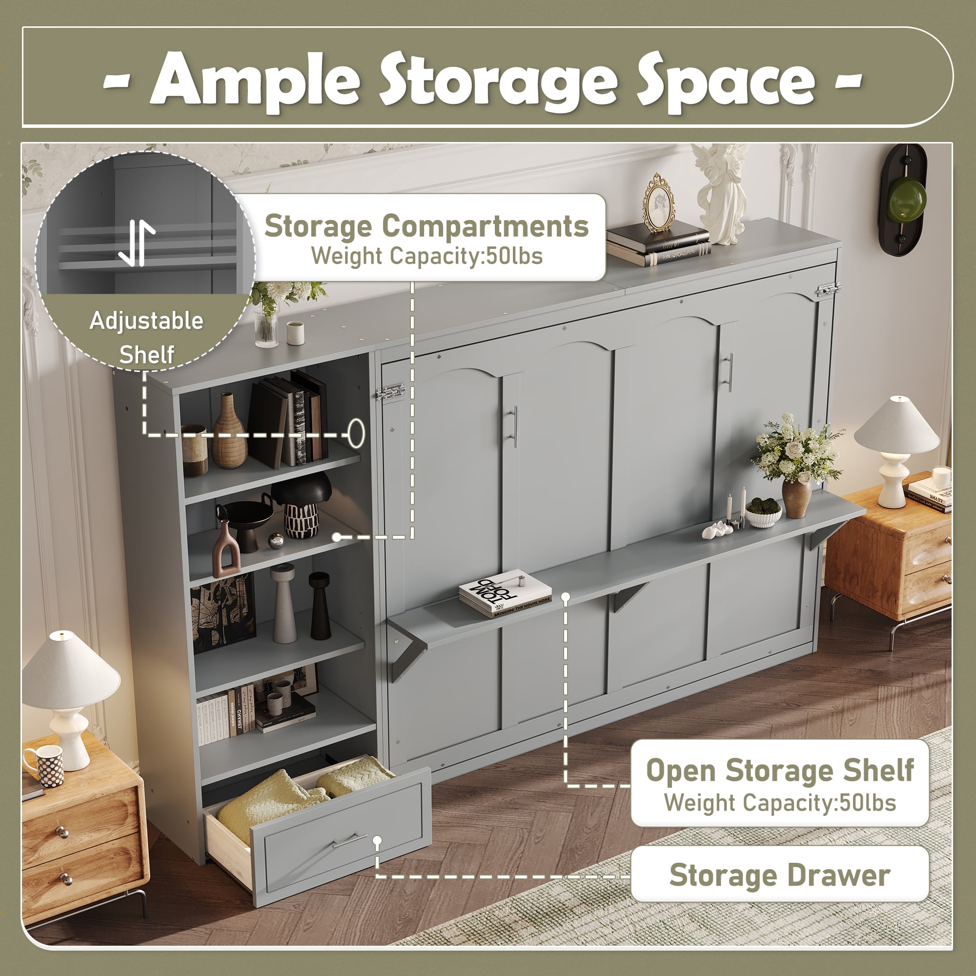 Mintazer Queen Murphy Bed with Reversible Storage Cabinet, Multifunctional Foldable Platform Bed with Adjustable Shelves & Drawer for Guest Room Bedroom, Gray