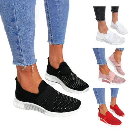 

MEGAWHEELS Casual Shoes for Women|Rhinestone Casual Trainers|Breathable Slip On Sneakers Flat Bottom Indoor Outdoor Walking Shoes