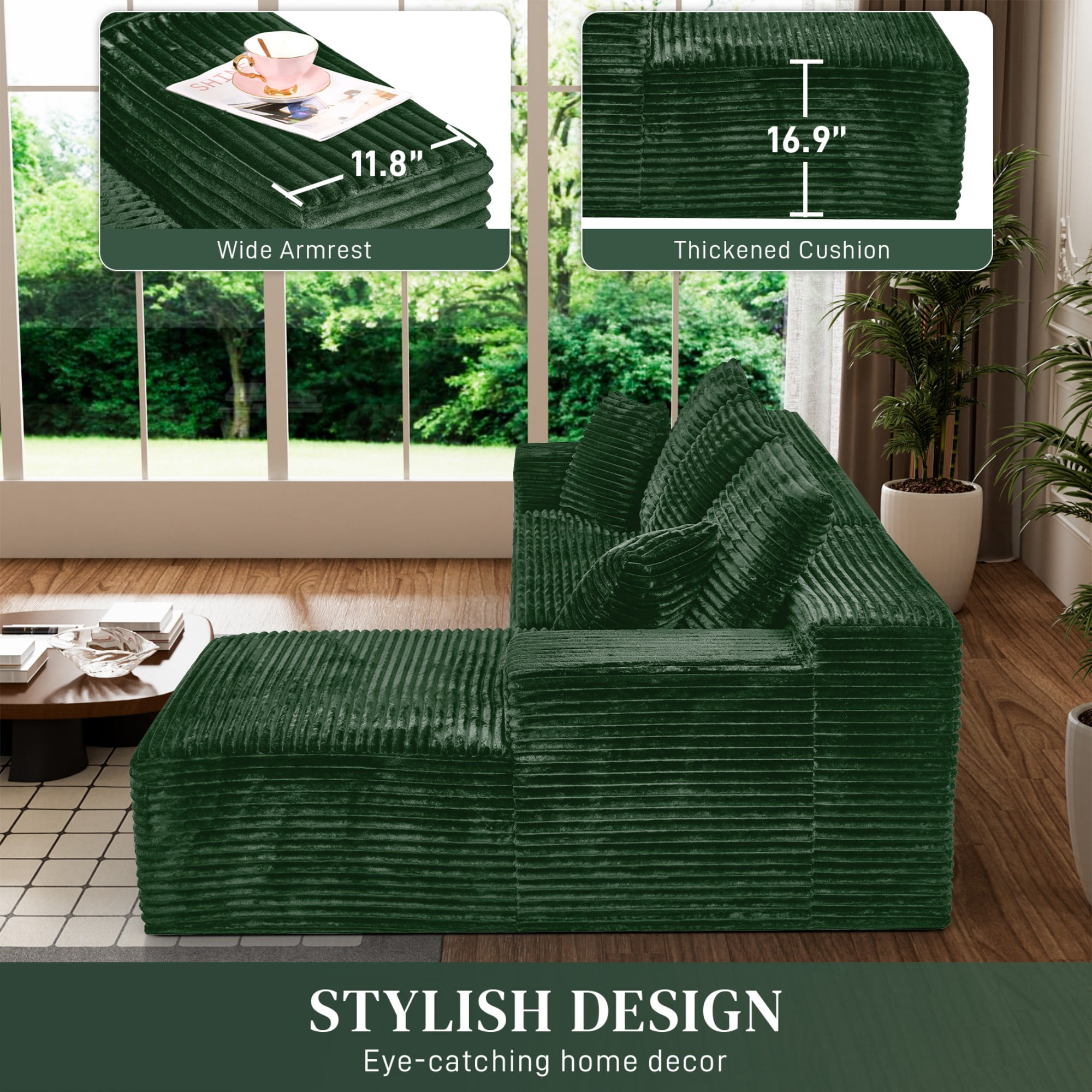 Aukfa 107" Cloud Modular Sectional Couch with Right-Facing Chaise, Corduroy Deep Seat Boneless Sofa for Living Room, Apartment, Emerald