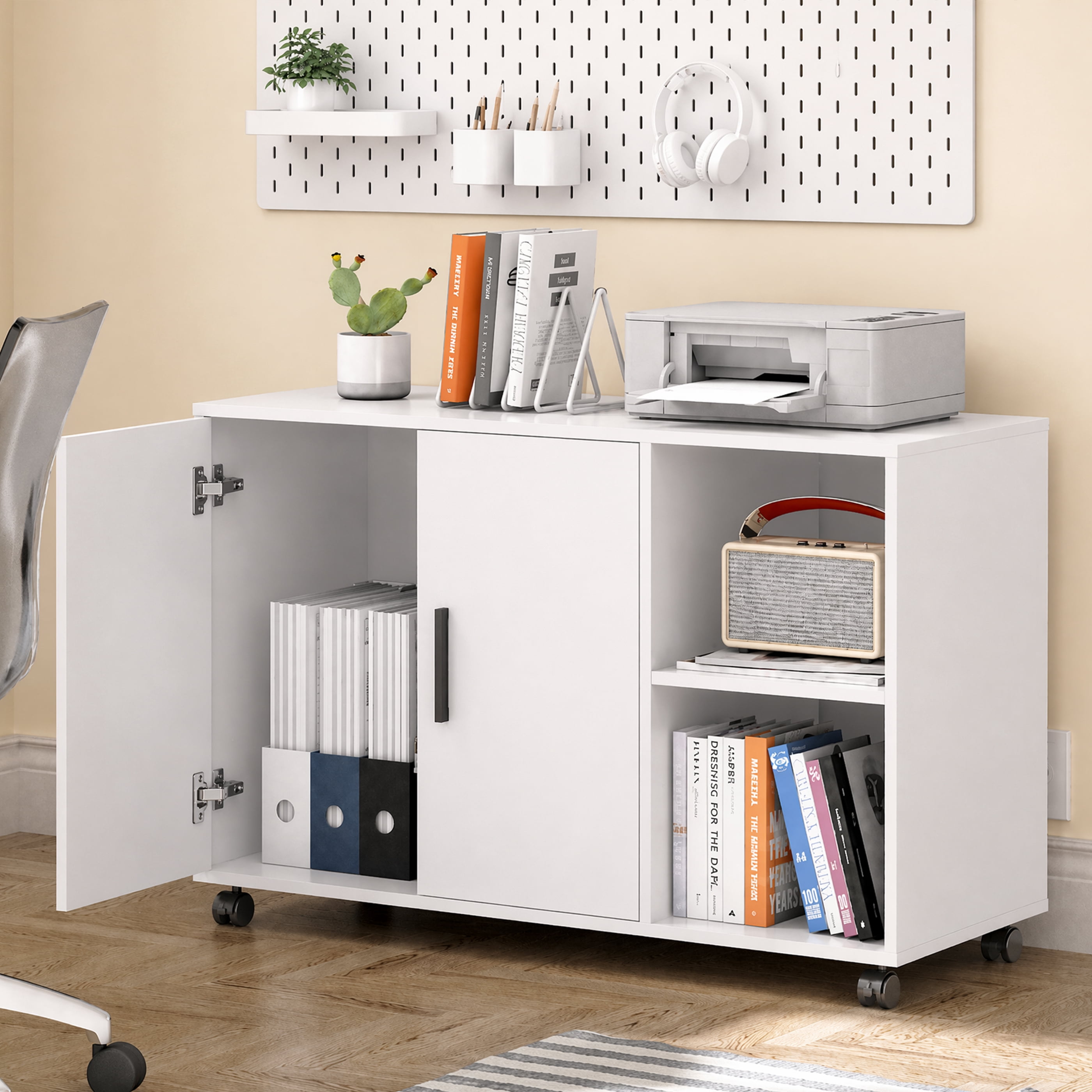 GALAXHERO Wood Storage Cabinets with Doors and Shelves, Lateral File Cabinet & Printer Stand with Storage for Home Office, White