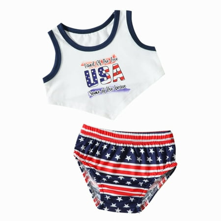 

ZRBYWB Summer Girls Clothes Set Independence Day Letter Print Tank Top Striped Shorts Two Piece Set Kids Clothes Cute Clothes