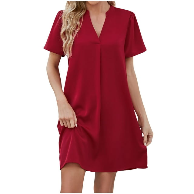 Yuyuzo Robes Décontractées pour Femmes Manches Courtes Bouffantes Col en V Mini Robe de Travail Bureau Robe d'Été