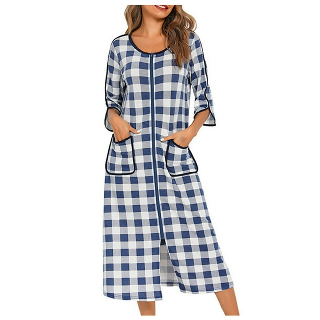 Peignoirs à Fermeture Éclair pour Femmes, Manches 3/4, Imprimés, Doux, Robe de Chambre Décontractée Ample, Robe de Nuit avec Poches