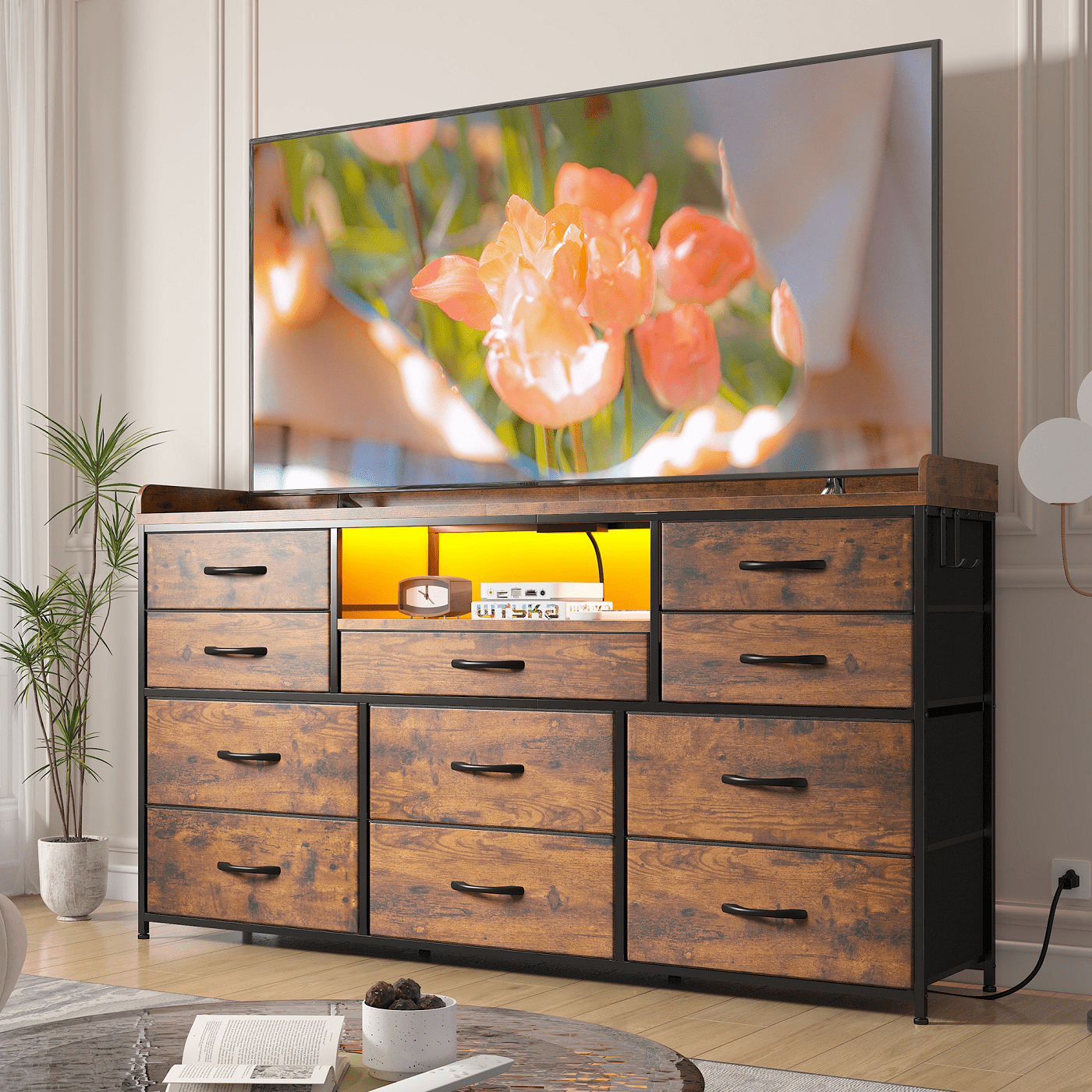 EnHomee TV Stand for 55" TV Fabric Dresser with LED Lights & Power Outlets,Rustic Brown