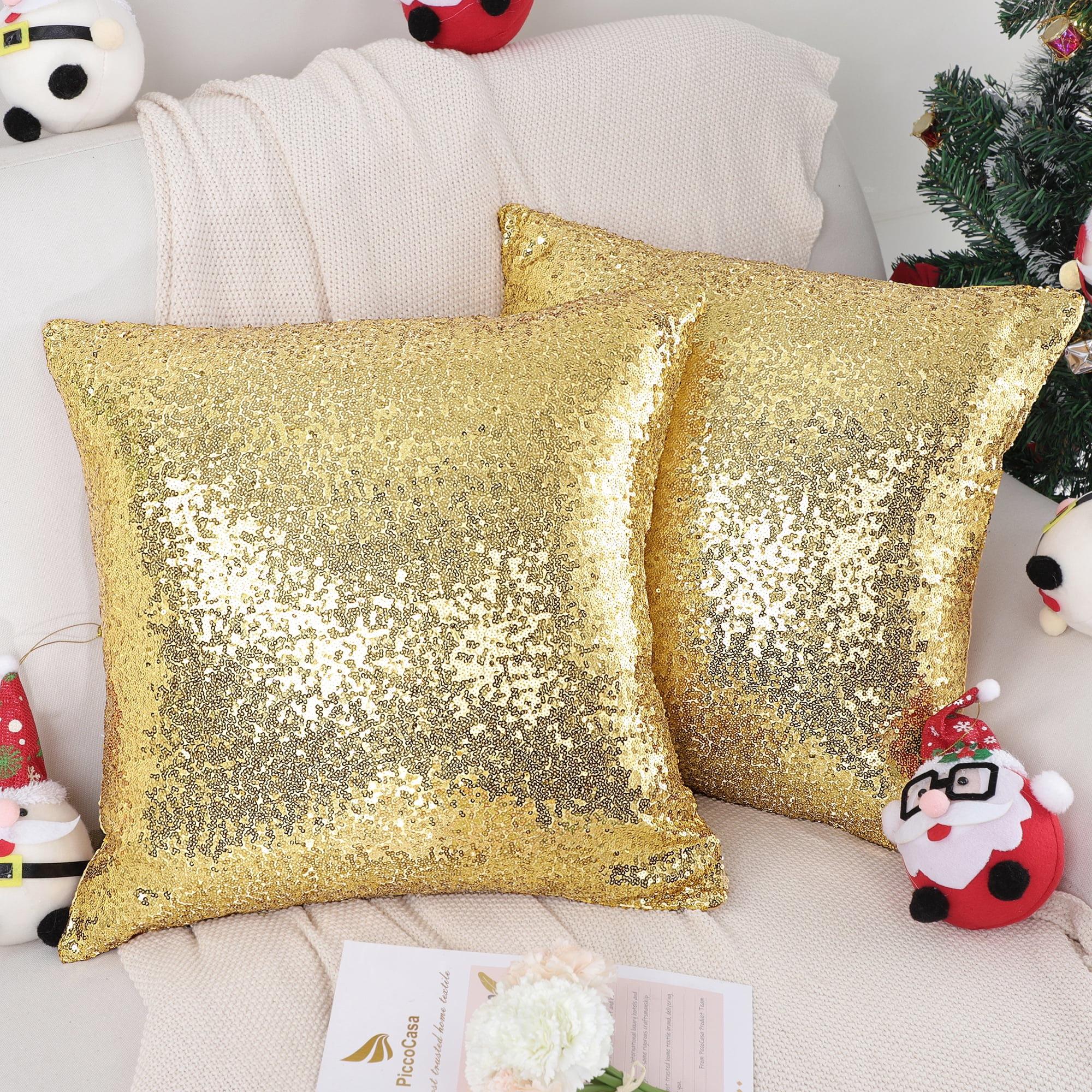 Unique Bargains Piccocasa 2 Pcs Sparkling Glitter Sequin Throw Pillow Covers 18 X 18 Gold 18x18 Inch