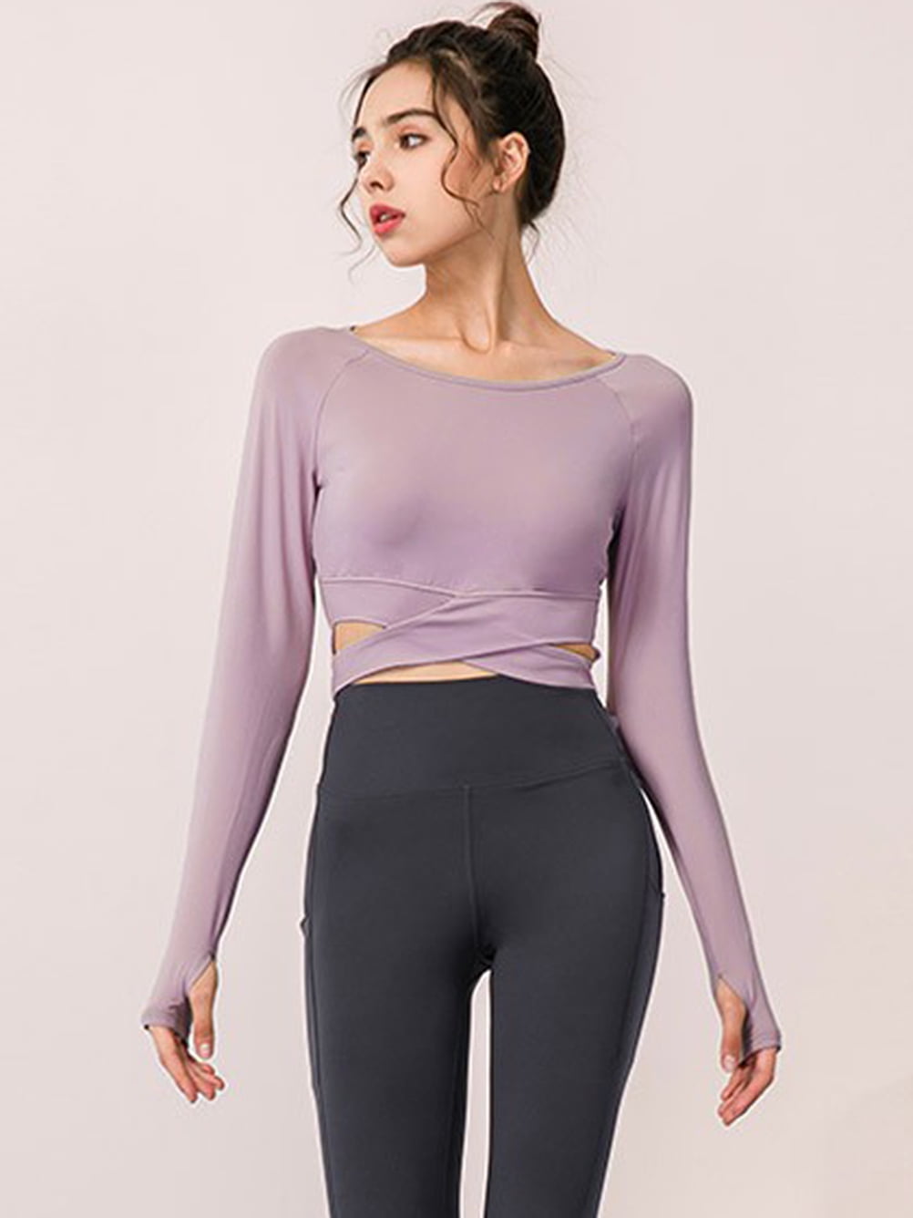 SotRong Long Sleeve Crop Tops for Women Activewear Workout Yoga Gym Top Lounge T Shirts Ladies Sportswear Purple L