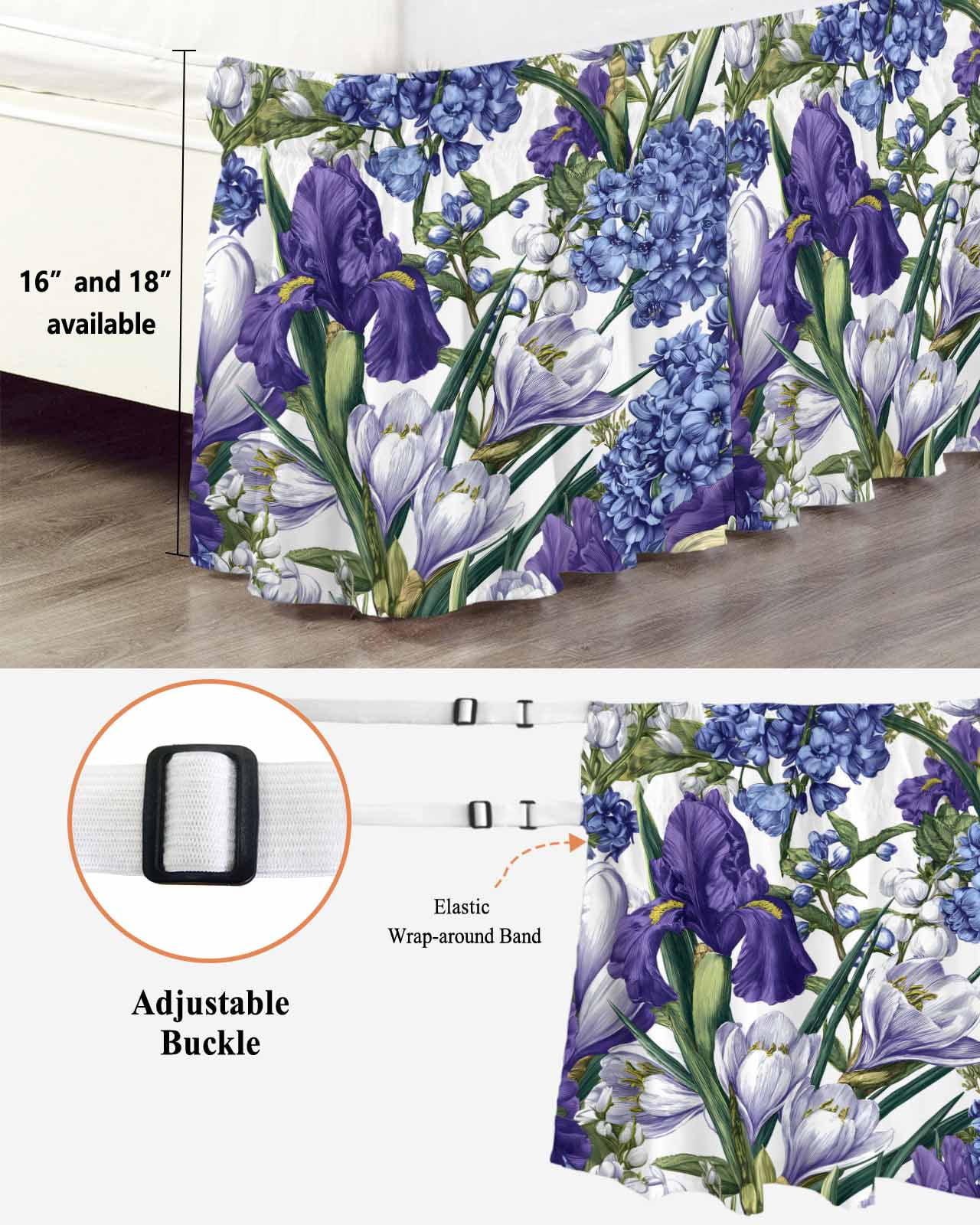 Spring Flower Bed Skirt Queen Size 16 Inch Drop, Retro Blue Hydrangea Purple White Floral Green Leaf Adjustable Elastic Dust Ruffles Bedskirt for Queen Bed Wrap Around Pleated Mattress Frame Cover