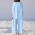 thumbnail image 5 of CIENVNSTG 2 Piece Sets Woman Trendy V-Neck Long Sleeve Linen Shirt Top Drawstring Straight Pants Set Sky Blue XL, 5 of 5