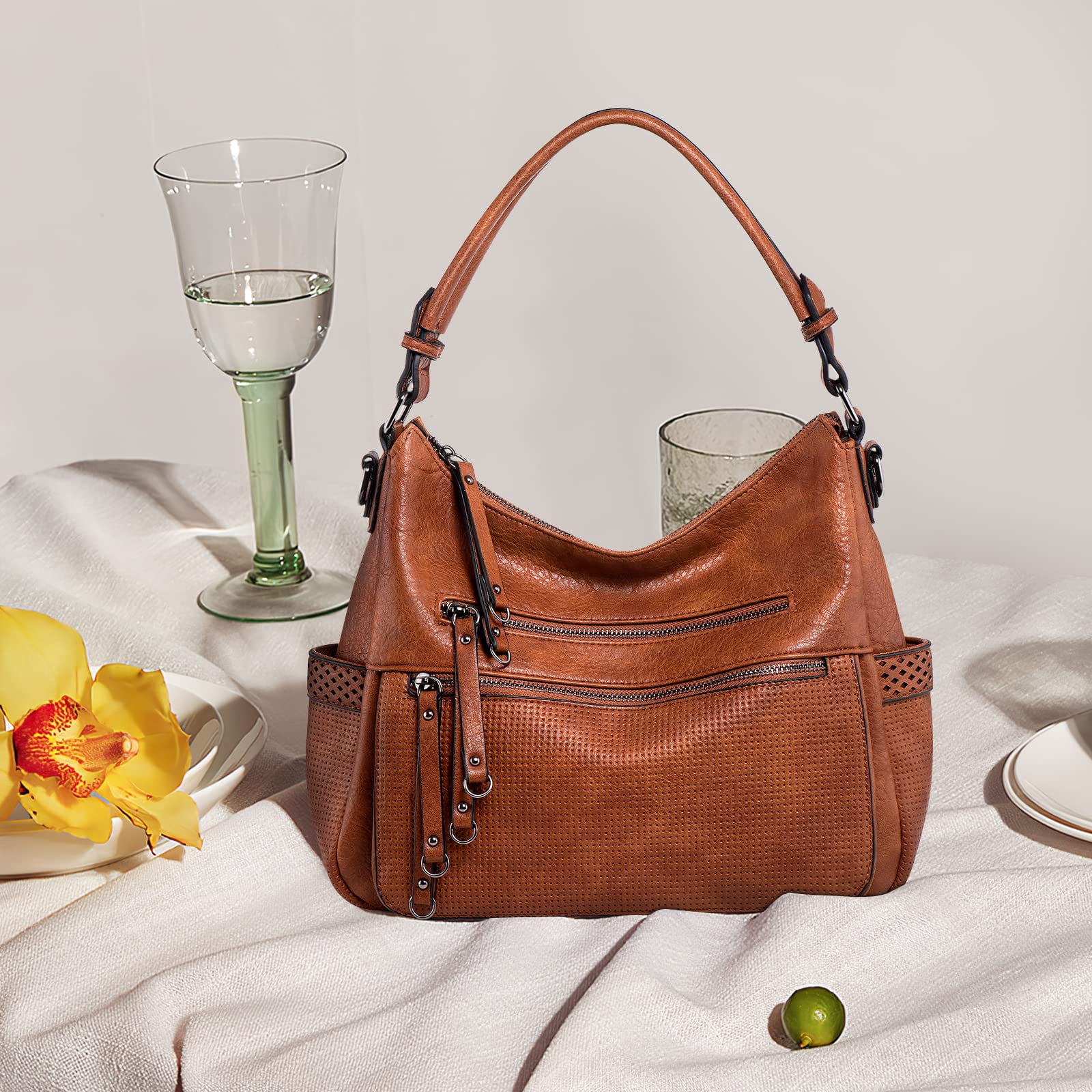 Capamaster Large Capacity Vintage Hobo Bag | Retro PU Leather 2-Way Shoulder Crossbody Purse for Women Brown