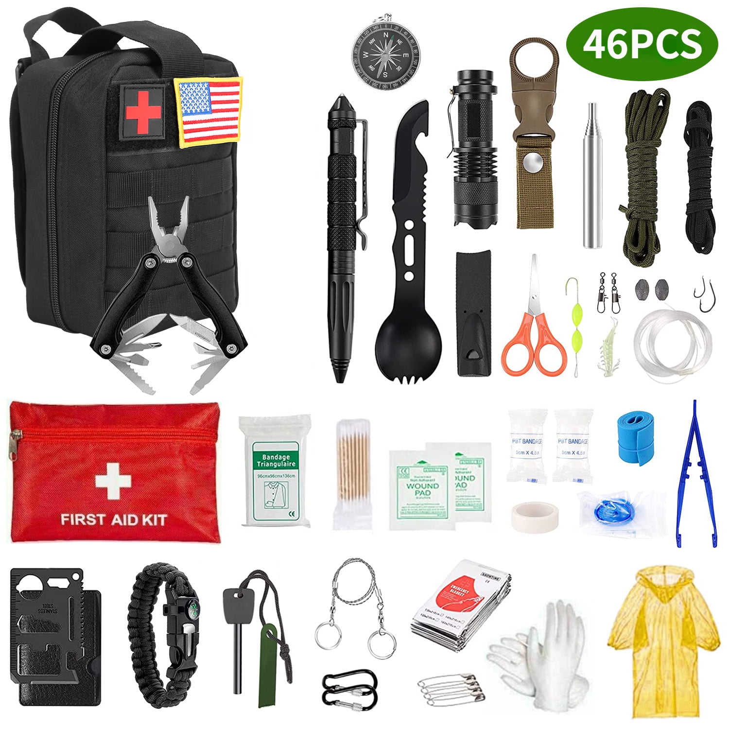 Moclever 46Pcs Survival Kit, 1.98lbs Outdoor Professional Emergency Survival Gear First Aid Kit