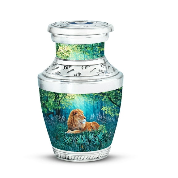 MUKTIVE Lion Memorial Keepsake Urn for Ashes Adult Mom & Dad, Small Cremation Green Urn for Human Ashes, Funeral Forest Urns for Male & Female, 3 Inch