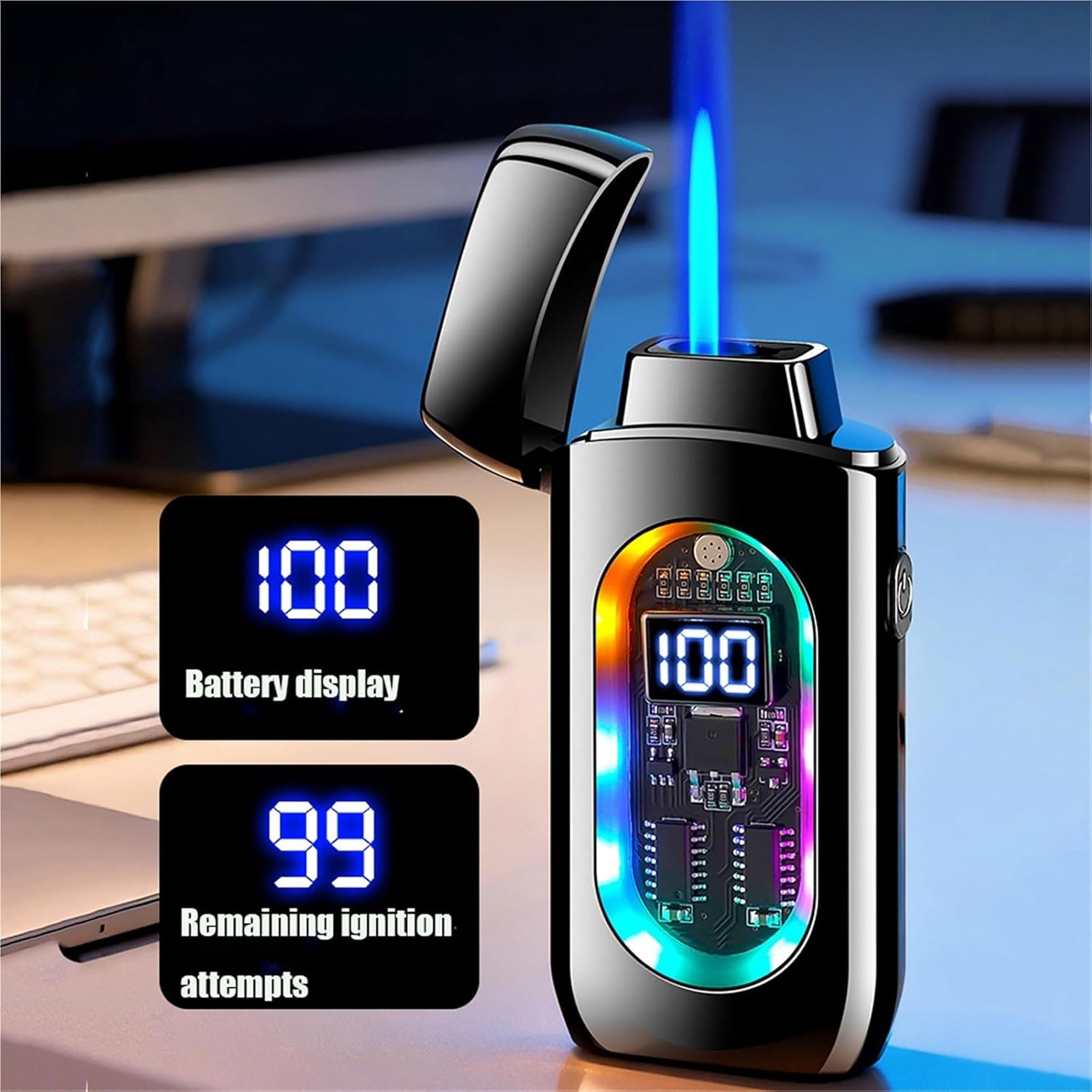 Dual Flame Metal Windproof Lighter with LED Display - USB Rechargeable, Visible Gas Chamber, 4 Ignition Modes, Colorful Lights for Camping, Grill & Candle
