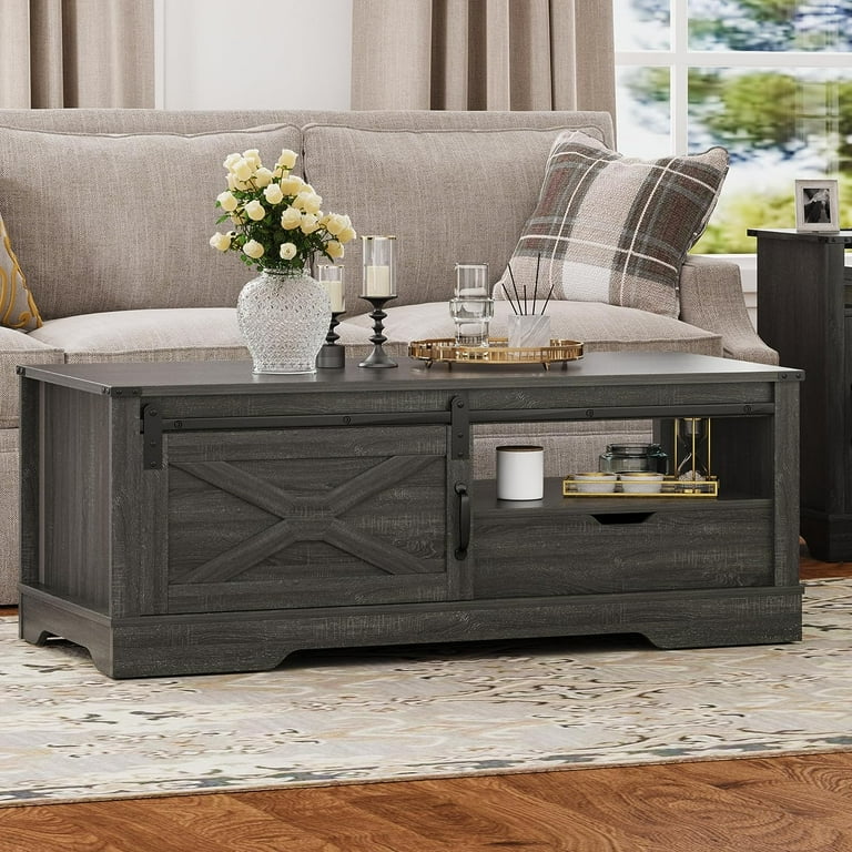 CozyHom Farmhouse Rectangular Coffee Table with Drawer and Sliding Barn Door Rustic Coffee Table with Open Shelves for Living Meeting Room Dark Grey