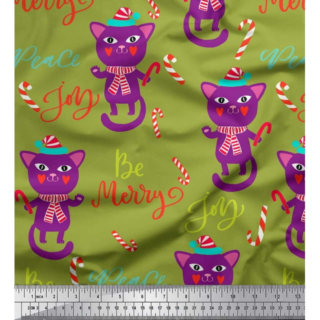 Soimoi Green polyester Crepe Fabric Text & Cat Kids Print Fabric by Yard 42 Inch Wide