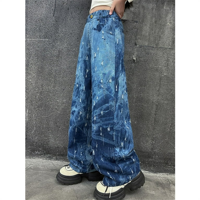 XXWXYD Clearence 2025 Korean Tie-Dye Wide Leg Jeans Girls