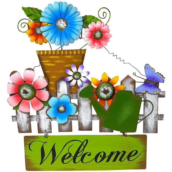 Welcome Metal Flowers Bugs Sign Wreath for Wall Front Door Fence Display Home Office Multicolor Rustic Decor 17" x 16" (Multicolor Flowers & Butterfly)