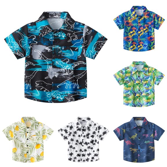 OSOLU Boys Button Down Shirt Lapel Collar Short Sleeve All Over Dinosaur Print Pocket Casual Kids Tops Black