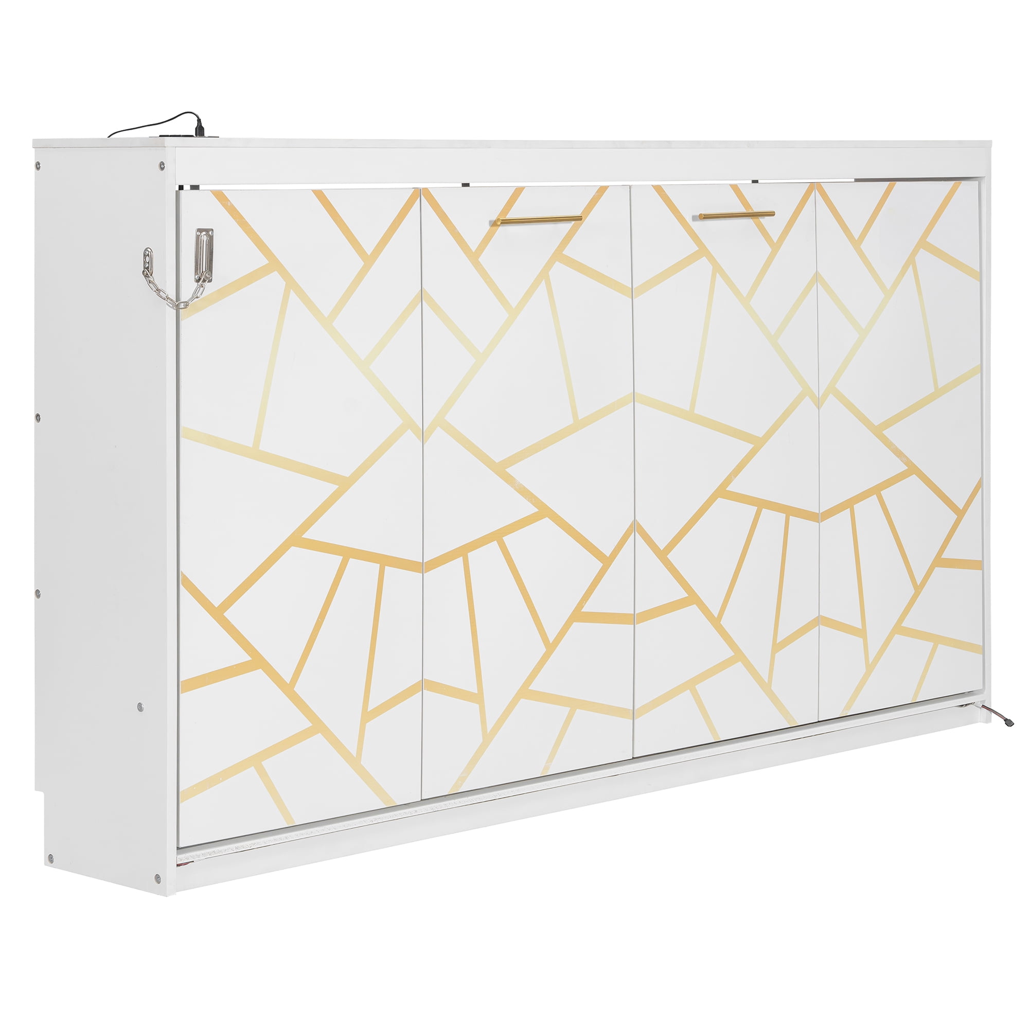 Mintazer Twin Size Murphy Bed with LED Lights & USB Port, Modern Folding Cabinets Bed with Gold Geometric Pattern for Home Office, White