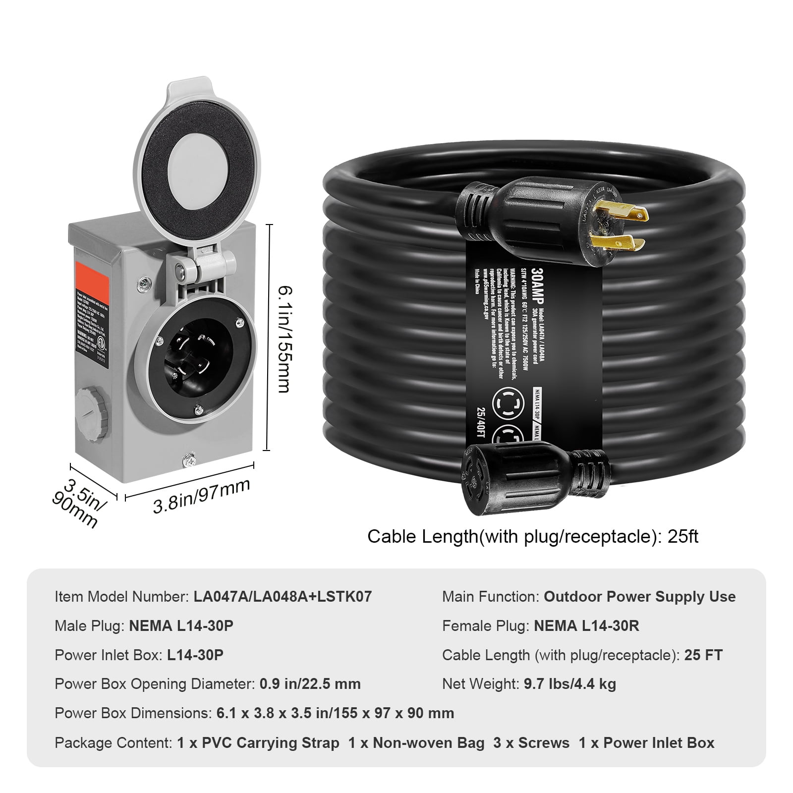 SKYSHALO Generator Cord with Inlet Box, 30 Amp 25 FT, RV Extension Cord NEMA L14-30P/L14-30R STW 10 AWG, Twist Lock Connector, Pre-Drilled Box for RV Use, ETL Certified