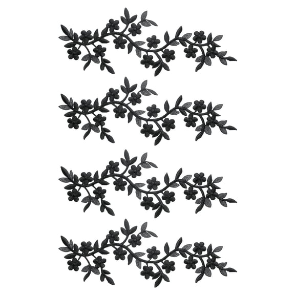 4Pcs Long Patch Flower Vine with Leaf, 10" x 4" Iron on Patch Applique, Black
