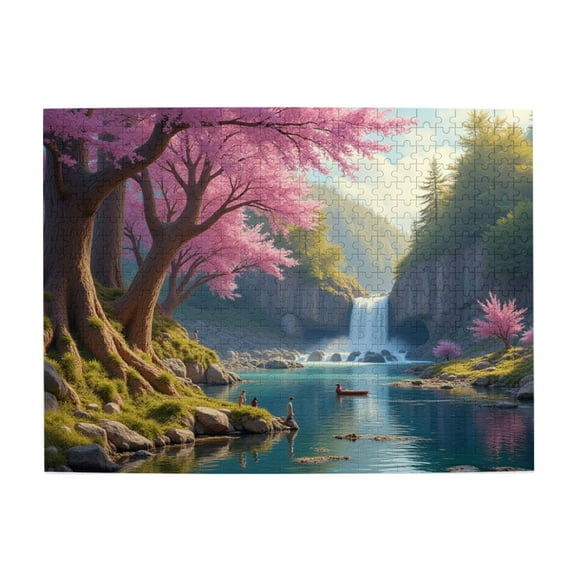 500 Piece Waterfall Serenity Jigsaw Puzzle For Adults Stunning Landscape With Pink Cherry Blossoms， Relaxing And Challenging Adult Puzzle， Great Gift Idea， HighQuality Pieces